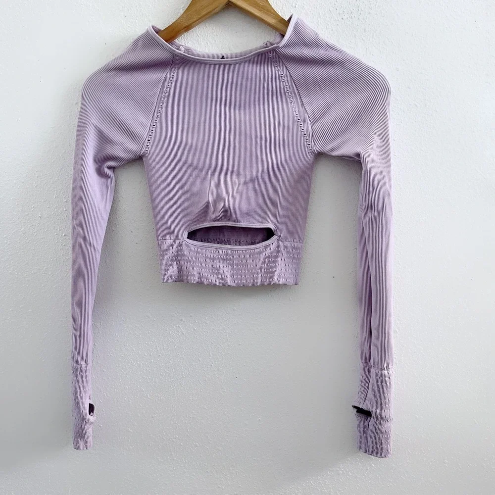 FREE PEOPLE Movement Cut It Out Long‎ Sleeve Ribbed Lavender Top Size XS/S